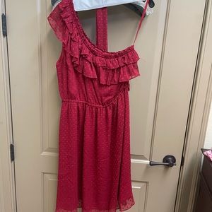 One shouldered red dress with tie belt detail.